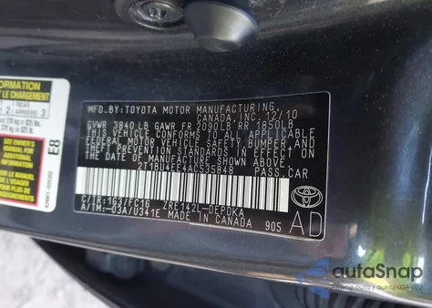 2010 Toyota Corolla Le z USA, uszkodzony, nr VIN 2T1BU4EE4AC535848